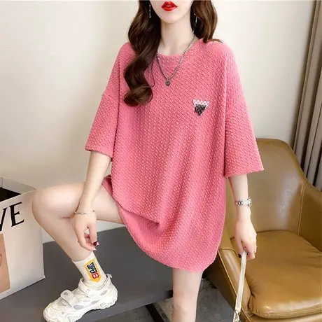 设计感小众短袖t恤女夏季韩版宽松大码女装中长款ins提花上衣服潮图片