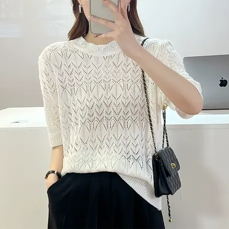 2023夏季新品圆领短袖镂空针织衫女士百搭毛衣上衣T恤衫套头纯色商品大图