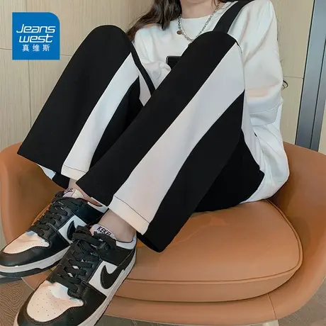 真维斯休闲裤女2022秋季新款时尚撞色拼接阔腿裤宽松拖地裤潮商品大图
