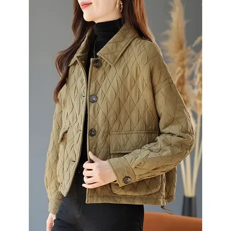 宝诗黎翻领宽松菱格短外套2023秋季新款口袋上衣时尚休闲女士开衫商品大图