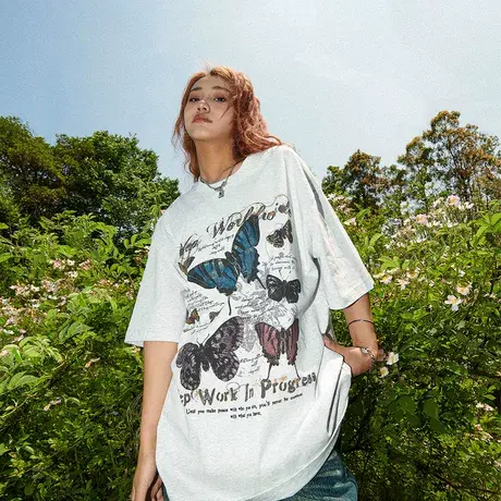 YEP蝴蝶美式复古灰色t恤女短袖2025年新款宽松夏装情侣装半袖女商品大图