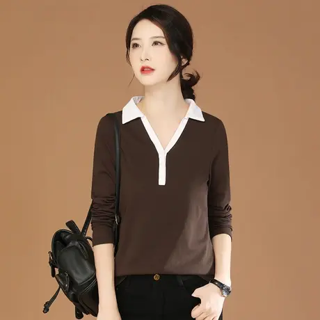 韩潮袭人V领拼接撞色长袖T恤女2023秋季新品休闲百搭打底衫体恤图片