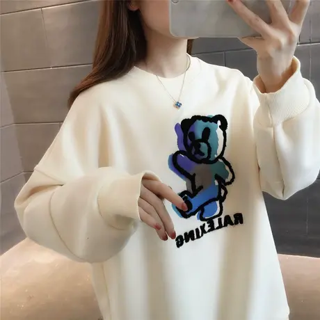 卡通小熊加绒加厚卫衣上衣外套2023年冬季新款减龄小众长袖宽松女商品大图