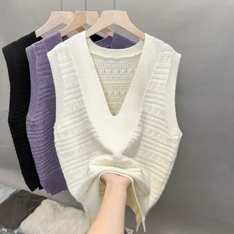 V领针织马甲女2023春秋新款宽松镂空叠穿外搭无袖坎肩毛衣背心女商品大图
