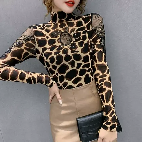 2024春秋新款时尚烫钻T恤女长袖性感豹纹镂空上衣洋气百搭打底衫商品大图