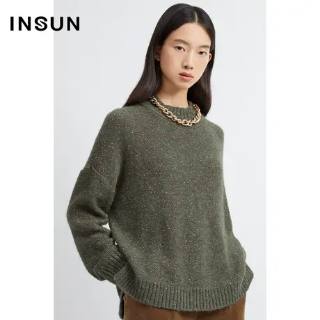 INSUN恩裳冬季橄榄绿羊驼毛毛衣图片