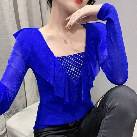 欧货性感网纱打底衫女春秋洋气重工艺烫钻T恤长袖紧身百搭小衫ins图片