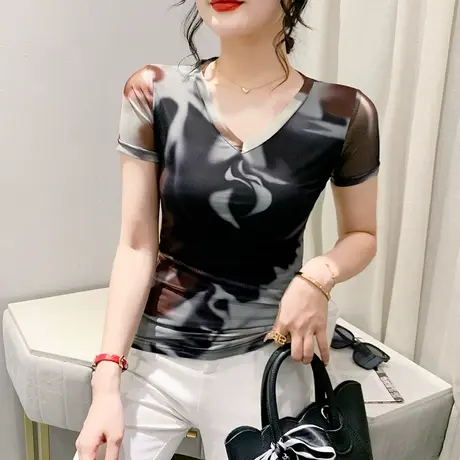 晕染印花上衣女短袖2024夏装新款性感V领小衫时尚网纱修身T恤半袖商品大图
