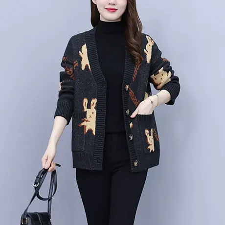 外套开衫毛衣女秋冬季温柔风上衣黑色2023新款加厚针织衫大码胖mm图片