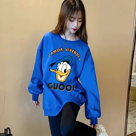 克莱因蓝卫衣女2024新款秋冬oversize唐老鸭中长款遮屁股加绒外套图片