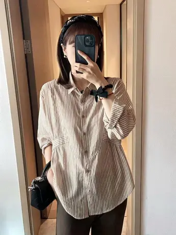 2023春季新款棉质法式复古长袖条纹衬衫女宽松褶皱设计感气质显瘦商品大图