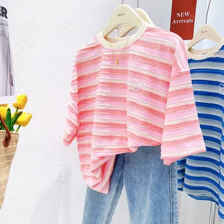 韩国东大门短袖上衣2023夏装新款ins清爽粉色条纹泡芙棉T恤宽松蓝图片