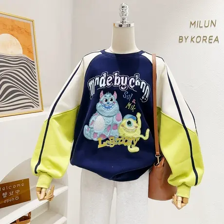 韩国东大门加绒卫衣秋冬款ins原宿港风毛毛怪兽刺绣上衣大码欧货商品大图