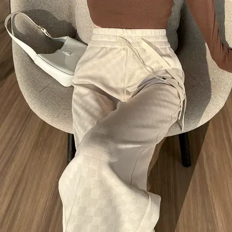 棋盘格窄版阔腿裤女2023秋季新款高腰宽松垂感高级感休闲直筒裤子图片