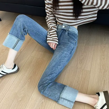 浅色直筒牛仔裤女2023春秋新款小个子九分高腰宽松阔腿烟管法棍裤图片