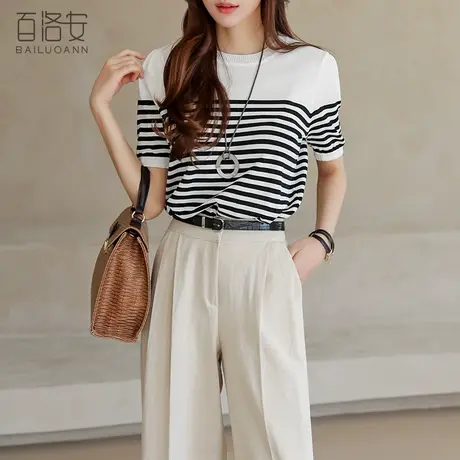 百洛安宽松条纹薄款针织衫T恤女2023夏新款简约圆领短袖冰丝上衣图片