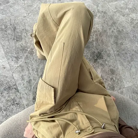 卡其色工装裤女美式秋冬新款抽绳高街显瘦宽松直筒休闲阔腿束脚裤商品大图