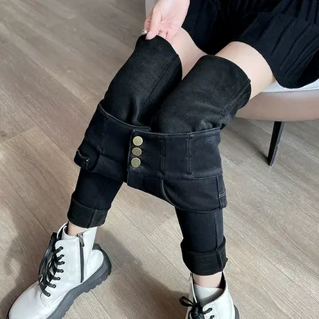 黑色打底裤女秋冬外穿加绒高腰提臀大码小黑裤紧身排扣小脚铅笔裤图片