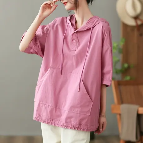 dza复古纯棉连帽T恤女2023夏季薄款白色体恤外搭宽松显瘦套头上衣商品大图