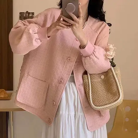 春装新款百搭时尚刺绣棋盘格插肩袖外套上衣女宽松圆领小香风女装图片