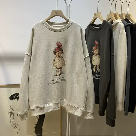 圆领卫衣女加绒加厚春秋韩版宽松大码长袖上衣ins潮2024秋冬新款图片