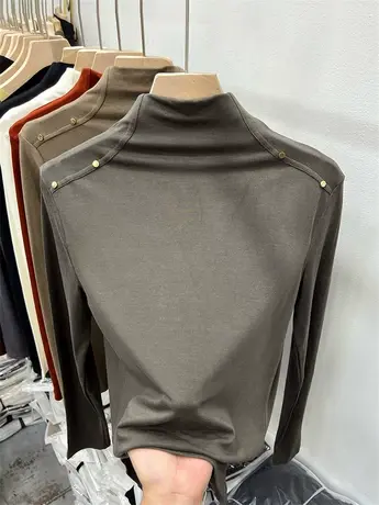 半高领蛋蛋绒软糯针织衫女修身秋装新款设计感长袖T恤衫打底上衣商品大图