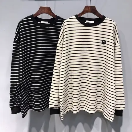 2023新款德绒保暖长袖T恤女秋冬宽松百搭显瘦加绒加厚条纹上衣服商品大图