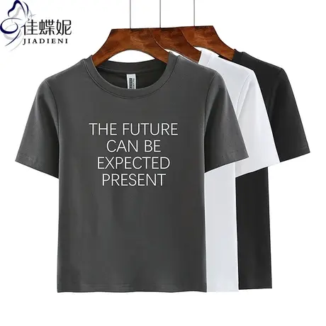 夏季新款韩版圆领修身短款纯欲辣妹纯棉印花短袖体恤上衣女打底衫商品大图