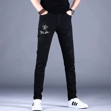 2023新款男士刺绣印花牛仔裤男秋冬男款黑色休闲裤子修身小脚弹力图片