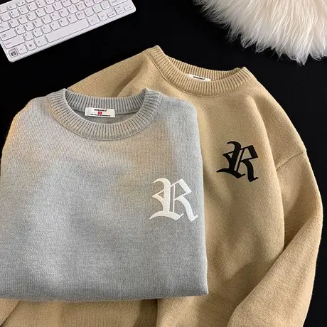 美式毛衣男秋冬潮流字母撞色圆领针织衫ins潮牌宽松休闲线衣外套商品大图