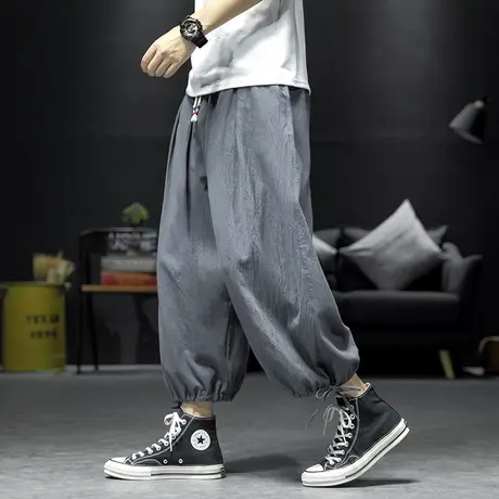 九分裤男款夏季冰丝亚麻裤子宽松阔腿长裤日系大码男士束脚灯笼裤商品大图
