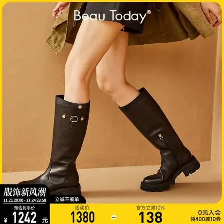 BeauToday高筒靴女秋季厚底皮带扣BT英伦风真皮显瘦设计小众皮靴图片