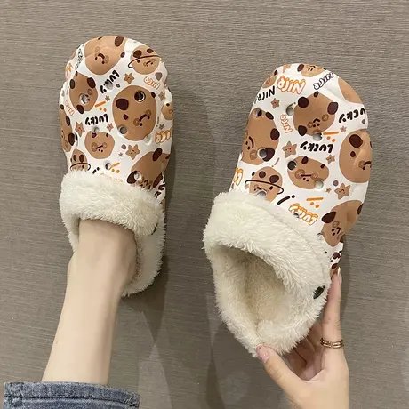 可爱笑脸加绒包头拖鞋女秋冬季ins潮外穿厚底防滑保暖洞洞棉拖鞋图片