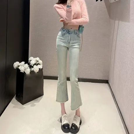 浅色高腰微喇牛仔裤女春秋装2024新款显瘦小个子九分阔腿喇叭裤子商品大图