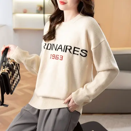 23172圆领针织衫女百搭套头长袖字母毛衣女新款韩版宽松打底衫图片
