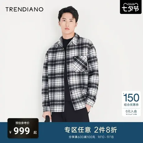 TRENDIANO官方男装冬季新款羊毛短款格子毛呢大衣外套男潮牌商品大图