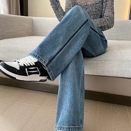 窄版阔腿牛仔裤女秋冬2024年新款高腰宽松直筒小个子拼接拖地裤子商品大图