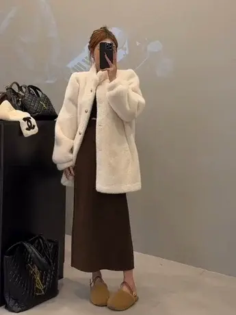 2023冬季新款环保水貂绒灯笼袖毛毛皮草外套女中长款皮毛一体上衣商品大图