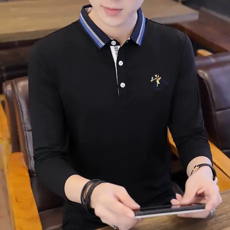 纯棉秋季Polo衫男士韩版修身时尚休闲青年学生翻领长袖T恤衫男潮商品大图