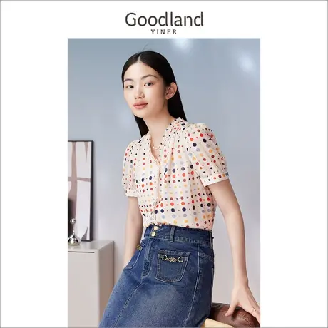 Goodland美地女装2023夏季法式木耳花边衬衫时尚短袖波点上衣商品大图