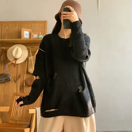 dza 复古圆领套头破洞毛衣女2024早春新款宽松针织上衣休闲打底衫图片