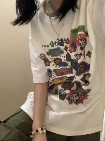 美式复古正肩纯棉短袖t恤女夏季大码宽松半袖潮牌ins慵懒风上衣服商品大图