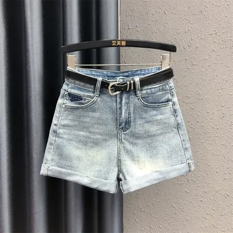 2024春夏新款撞色口袋牛仔短裤女高腰显瘦弹力卷边a字阔腿裤热裤图片