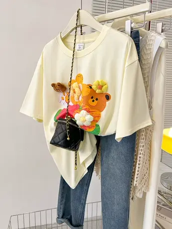 纯棉设计感立体小熊短袖t恤女夏季新款小众宽松正肩上衣洋气减龄商品大图