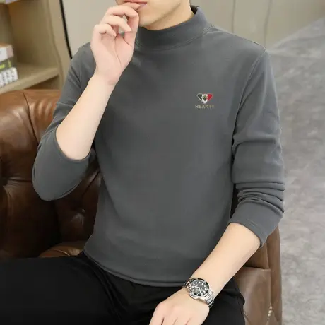 半高领打底衫男秋冬季双面德绒套头内搭秋衣潮牌中领长袖t恤潮流商品大图