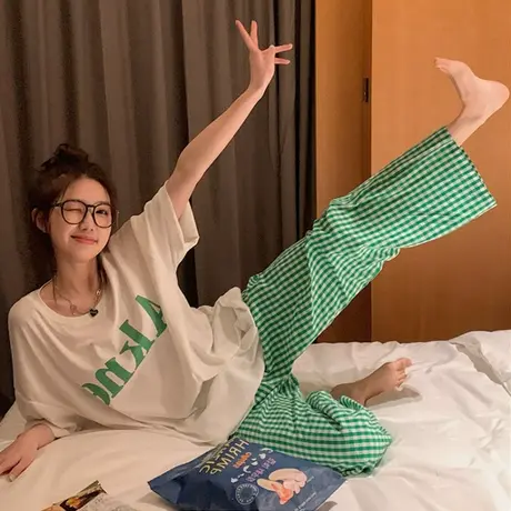 绿格子纯棉睡裤女夏天2023年新款韩版宽松长裤可外穿休闲家居裤裤商品大图