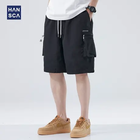 hansca 工装5分短裤男青少年夏季潮牌大码直筒阔腿黑色休闲五分裤商品大图