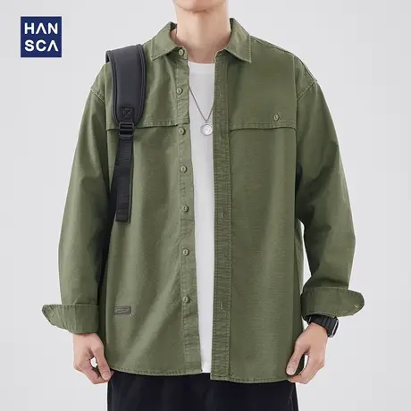 hansca纯色翻领长袖衬衫男春季新款日系百搭简约宽松休闲衬衣外套商品大图