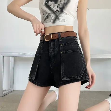 复古辣妹风牛仔短裤女宽松阔腿春夏季2024小个子黑色a字超短热裤图片