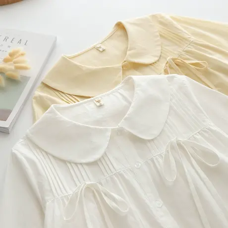 日系软妹小众风琴褶系带蝴蝶结法式娃娃领宽松纯棉长袖衬衫上衣女图片